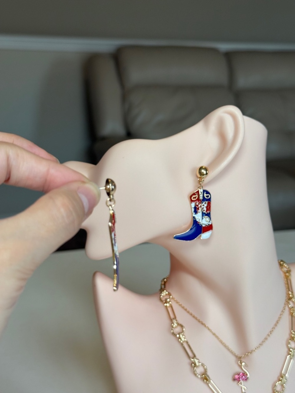 Gold Red, White & Blue Cowgirl Boot Drop Earrings - Picture 6 of 11